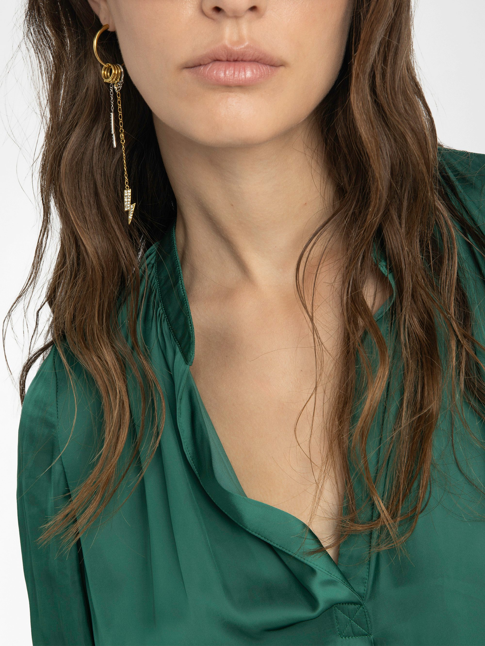 Tink Satin Blouse - Striped jacquard satin blouse with open collar, long sleeves and gathered details.